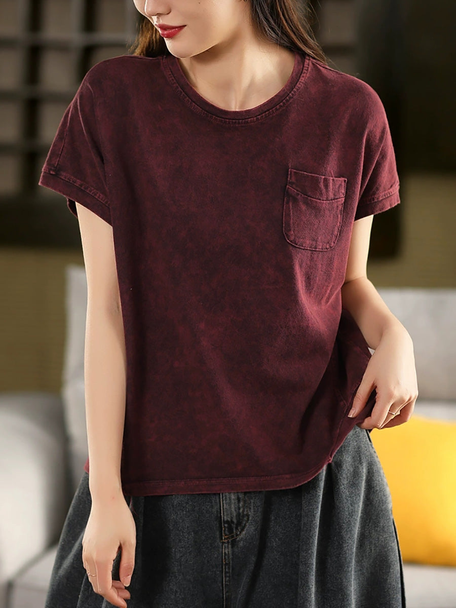 Women Summer Retro Pure Color O-Neck 100%Cotton Shirt