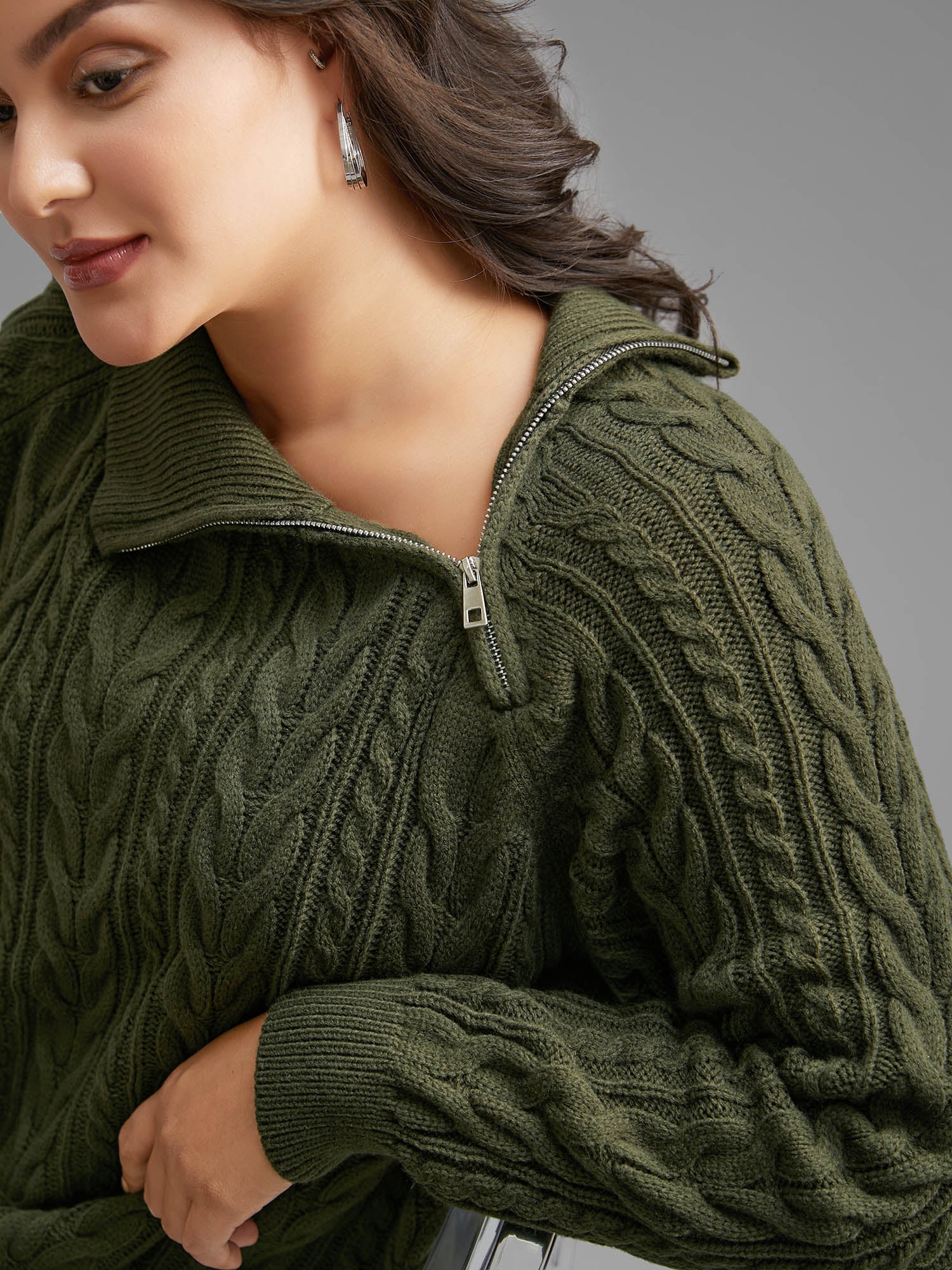 Asymmetrical Neck Cable Knit Zipper Pullover