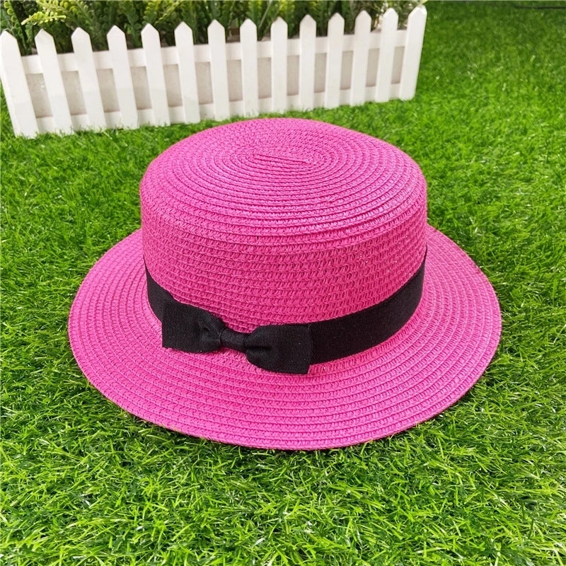 Straw Hat Shading Hat Summer Flat-brimmed Bow Straw Flat Top Hat
