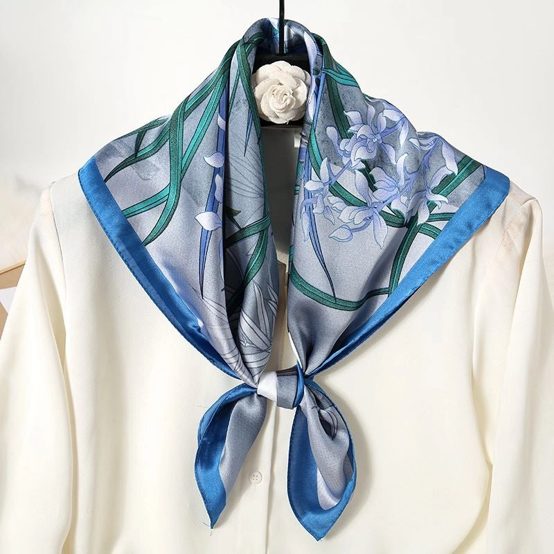 Women's Elegant Color Block Flower Satin Silk Scarf Kerchief