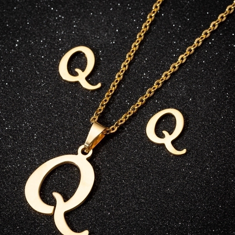 Women's Fashion Minimalist Letter Stainless Steel Pendant Necklace Ear Studs Plating Jewelry Sets