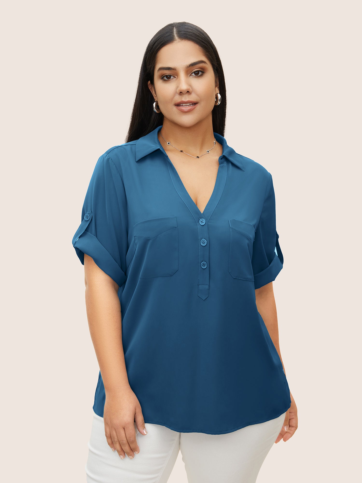 Anti-Wrinkle Shirt Collar Patched Pocket Tab Sleeve Blouse