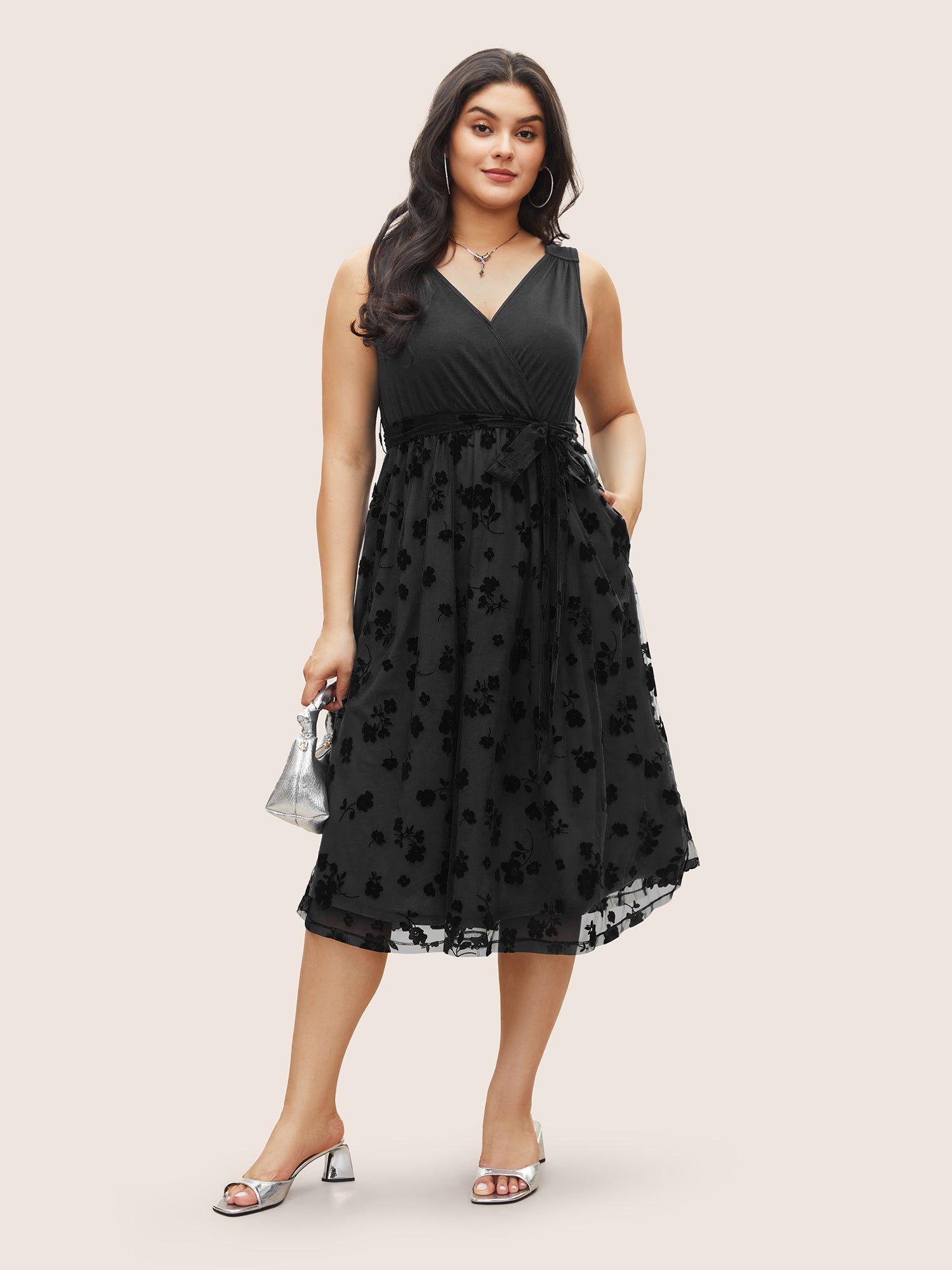 Floral Mesh Patchwork Surplice Neck Tank Dress