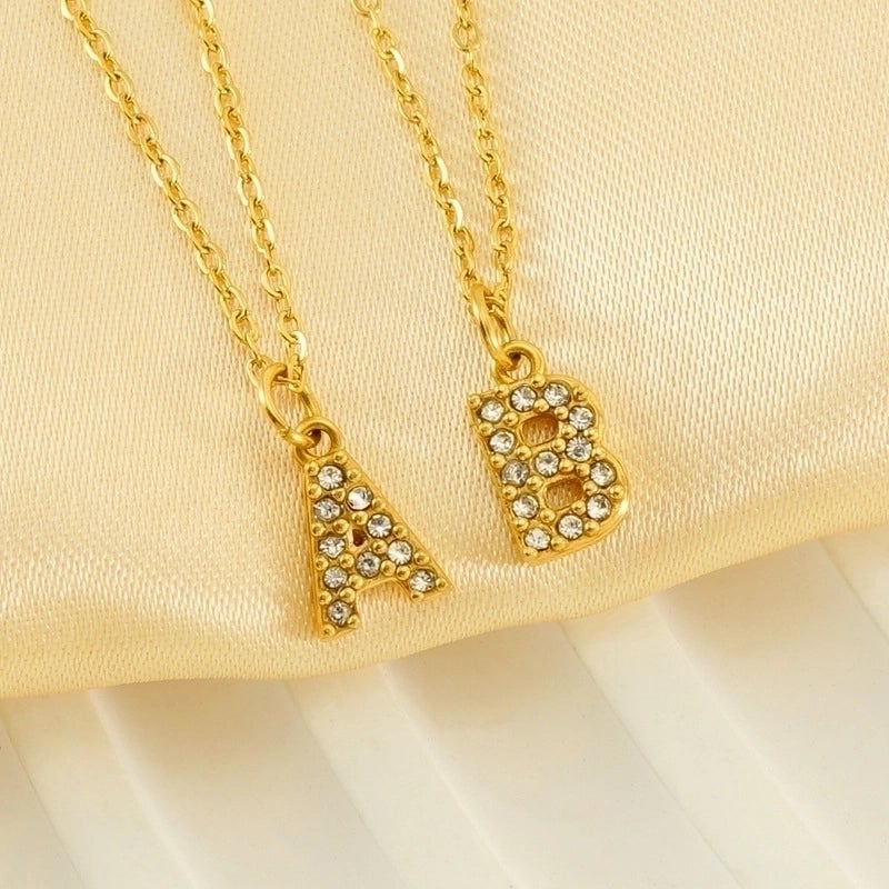Minimalist Classic Style Letter Titanium Steel Zircon 18K Gold Plated Inlay Pendant Necklace