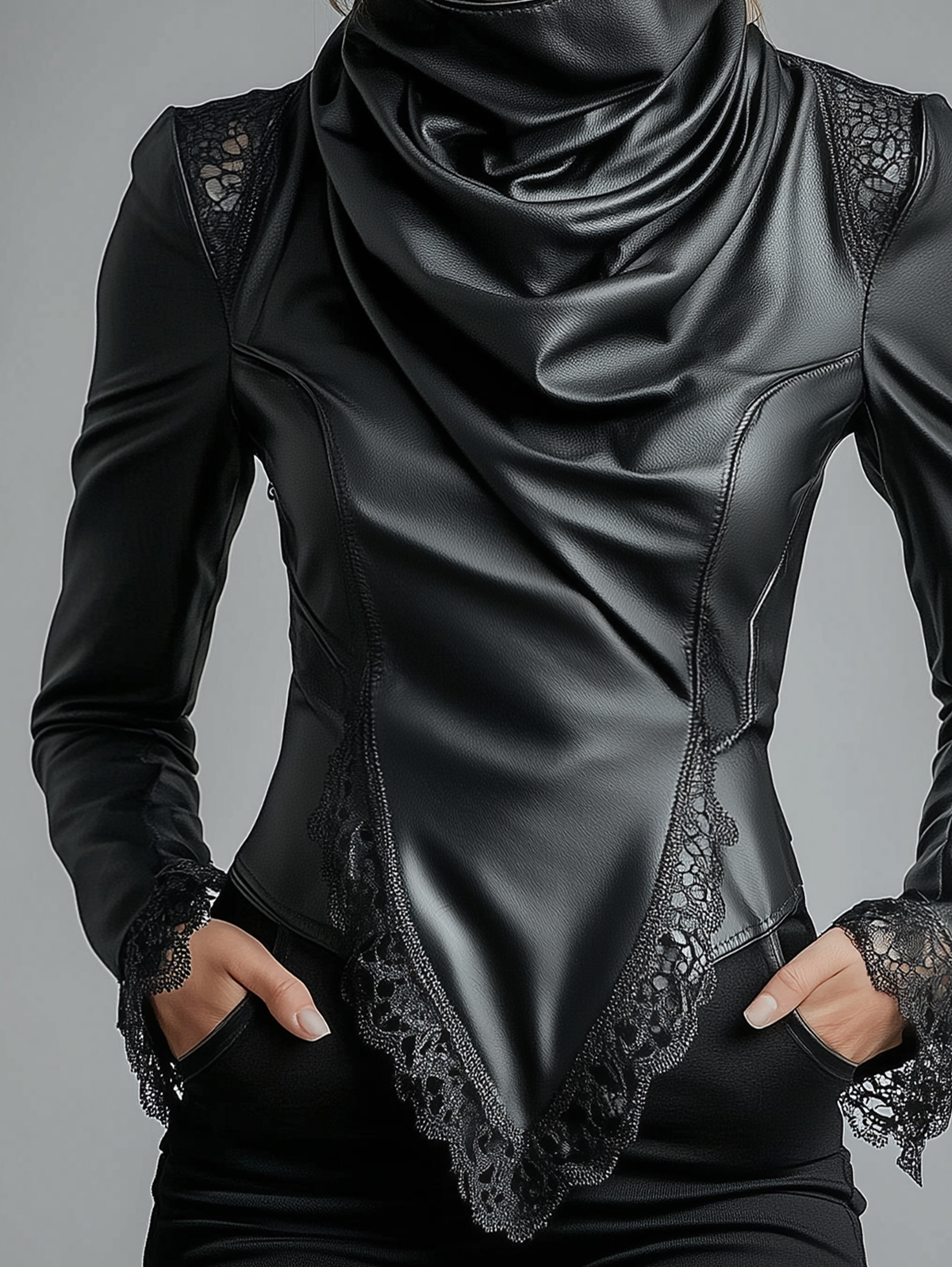 Ursime High Neck Lace Trim Long Sleeve PU Leather Blouse