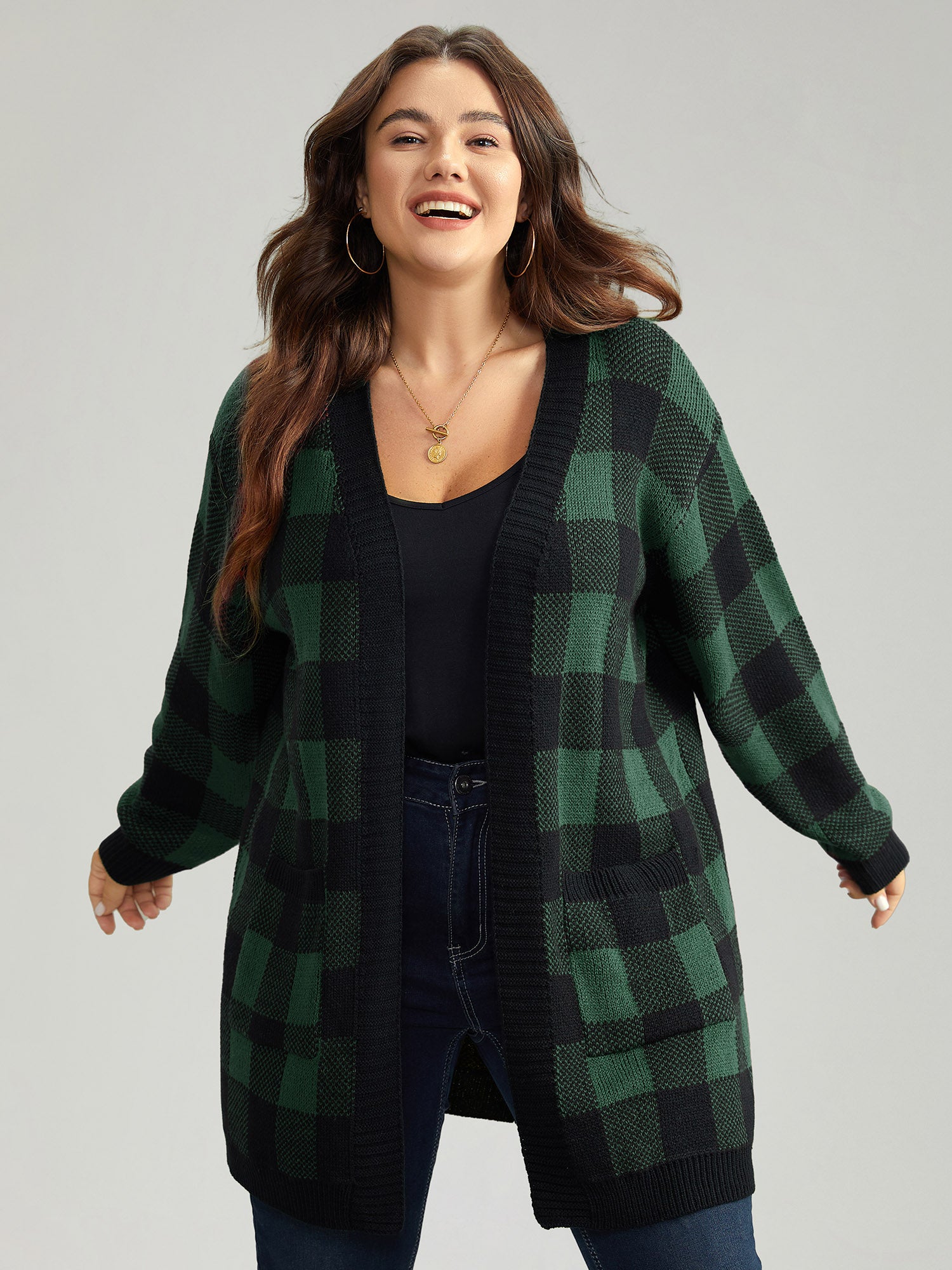 Plaid Patched Pocket Loose Cardigan