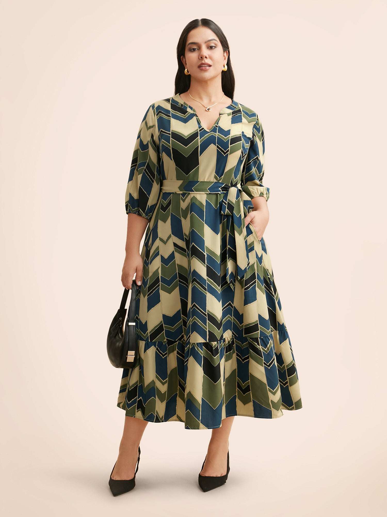 Geometric Contrast Lantern Sleeve Dress