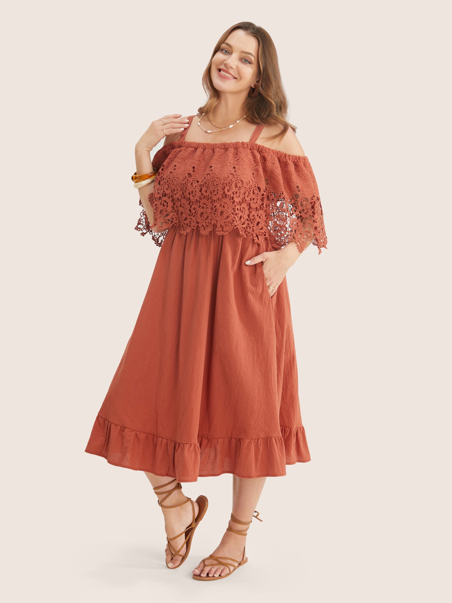 Solid Cold Shoulder Contrast Lace Pocket Ruffle Hem Dress