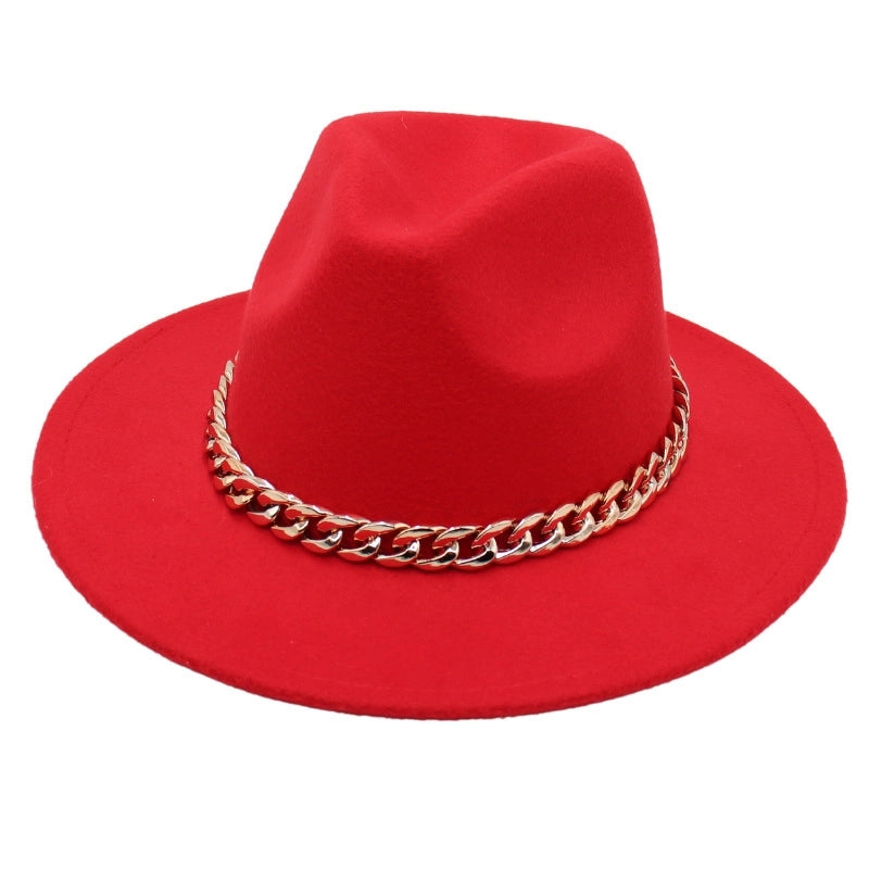 Chain Accessories Panama Hat Autumn And Winter  Jazz Woolen Hat Women's Fashion Big Brim Soft Felt Hat