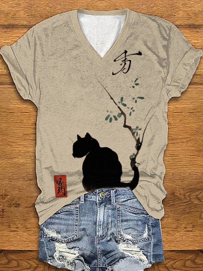 Women's Ink Cat Art Print T-Shirt