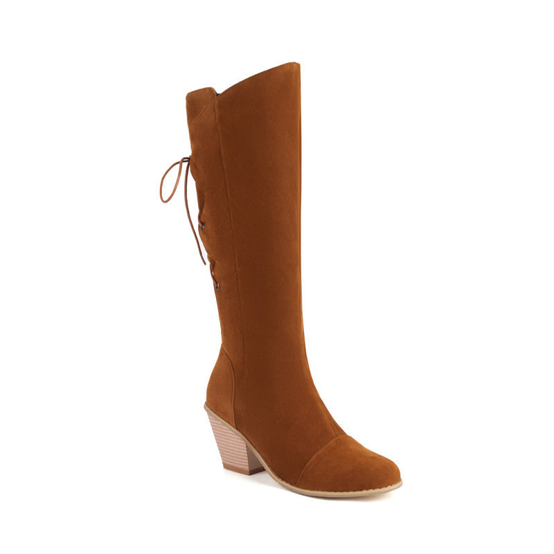 Patchwork Lace Up Round Toe Chunky Heels Knee High Boots