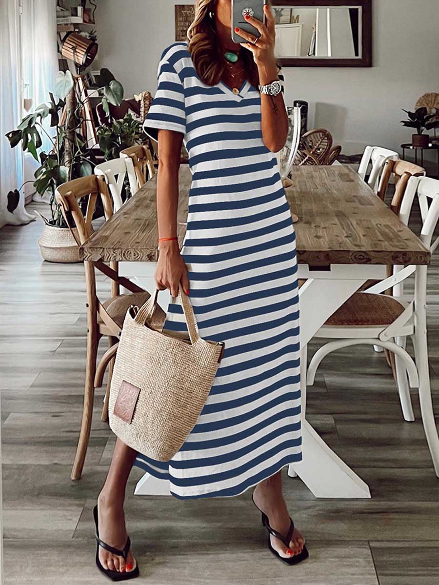 Striped printed v-neck long skirt