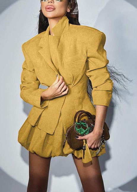 Yellow Silm Fit Cotton Coats And Skirts Women Sets 2 Pieces Spring