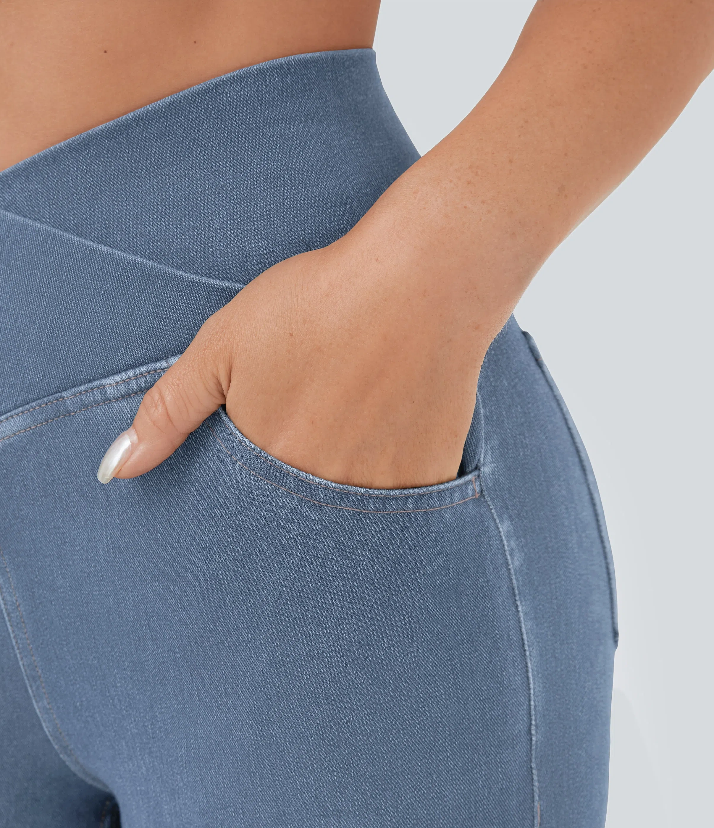 ⚡8 Packs for $25.95⚡- High Waisted Crossover Pocket Washed Stretchy Knit Casual Super Flare Jeans