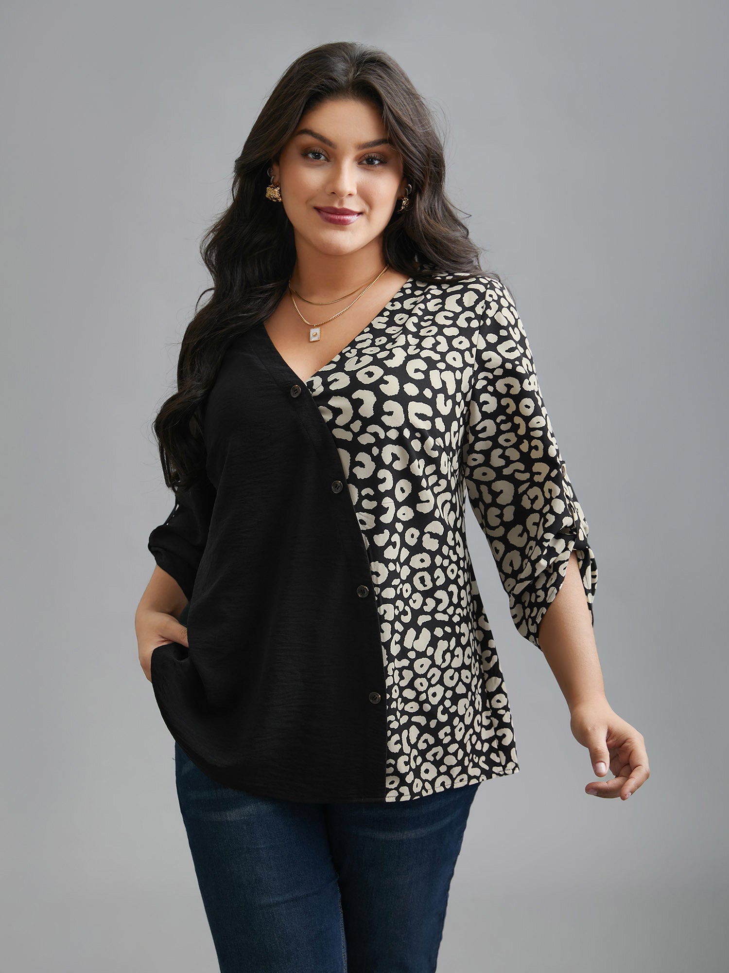 Leopard Print Spliced Tab Sleeve Blouse