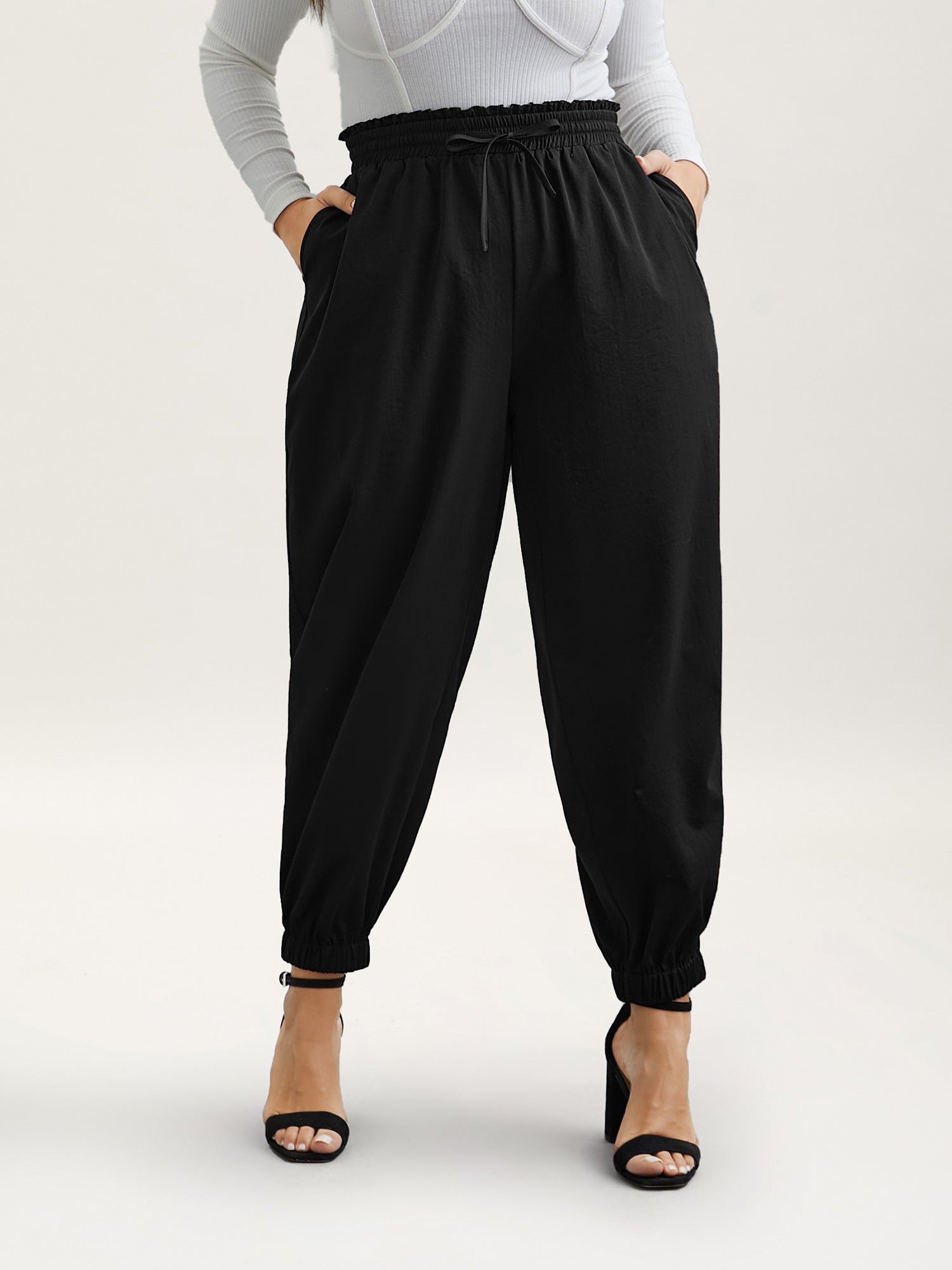 Ruffled Waist Drawstring Tapered Pants