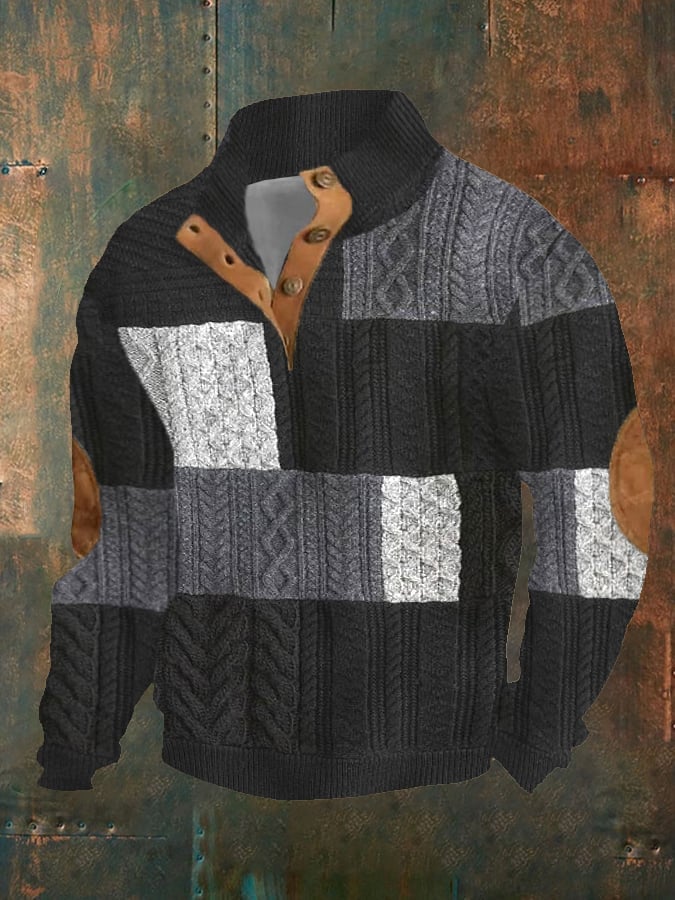 Men's Patchwork Cable Plaid Button-Down Pullover