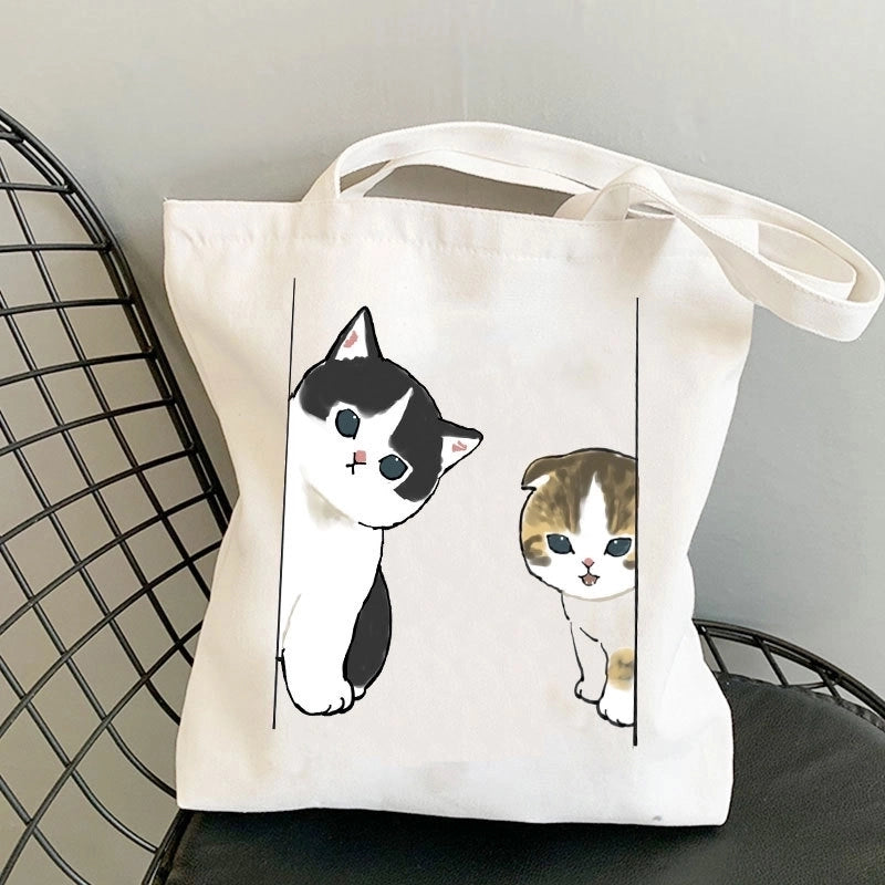 Women's Medium Canvas Cat Cute Basic Square Open Canvas Bag