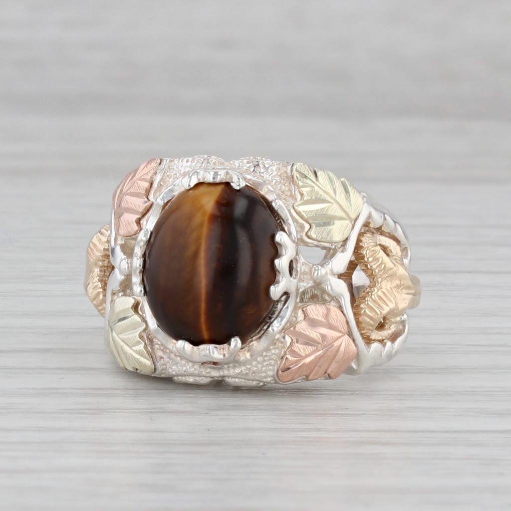 Coleman Co Black Hills Gold Tigers Eye Ram Ring Sterling Silver 12k Gold Size 8