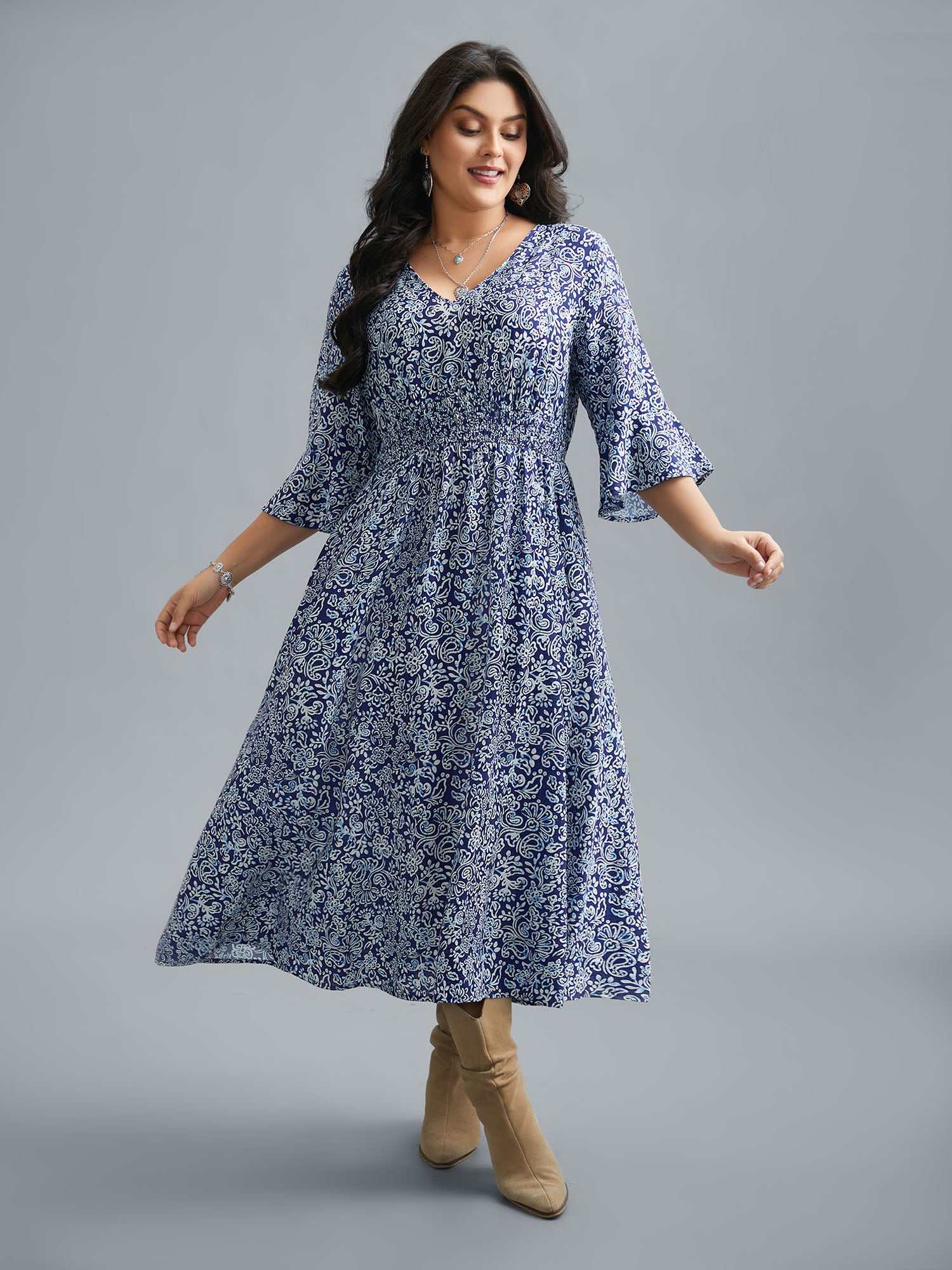 V-Neck Paisley Print Smocked Waist Dress