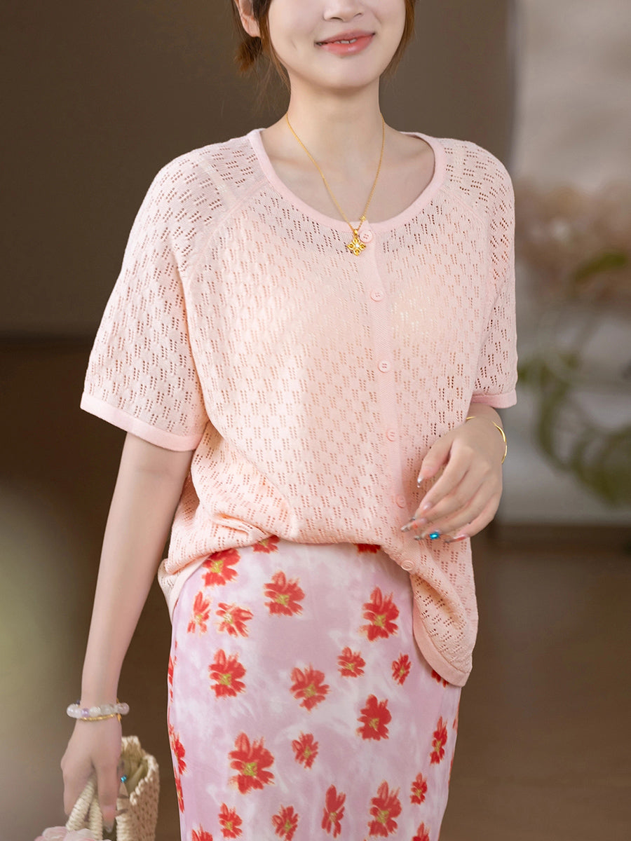 Women Summer Casual Button-up Knitted O-Neck Shirt