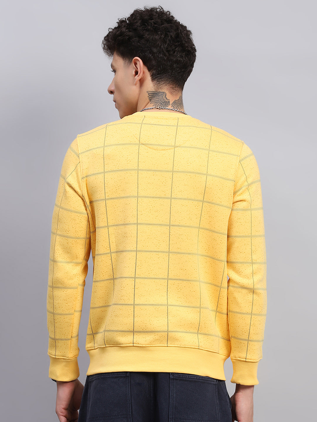 Men Yellow Printed Round Neck Full Sleeve Sweatshirt