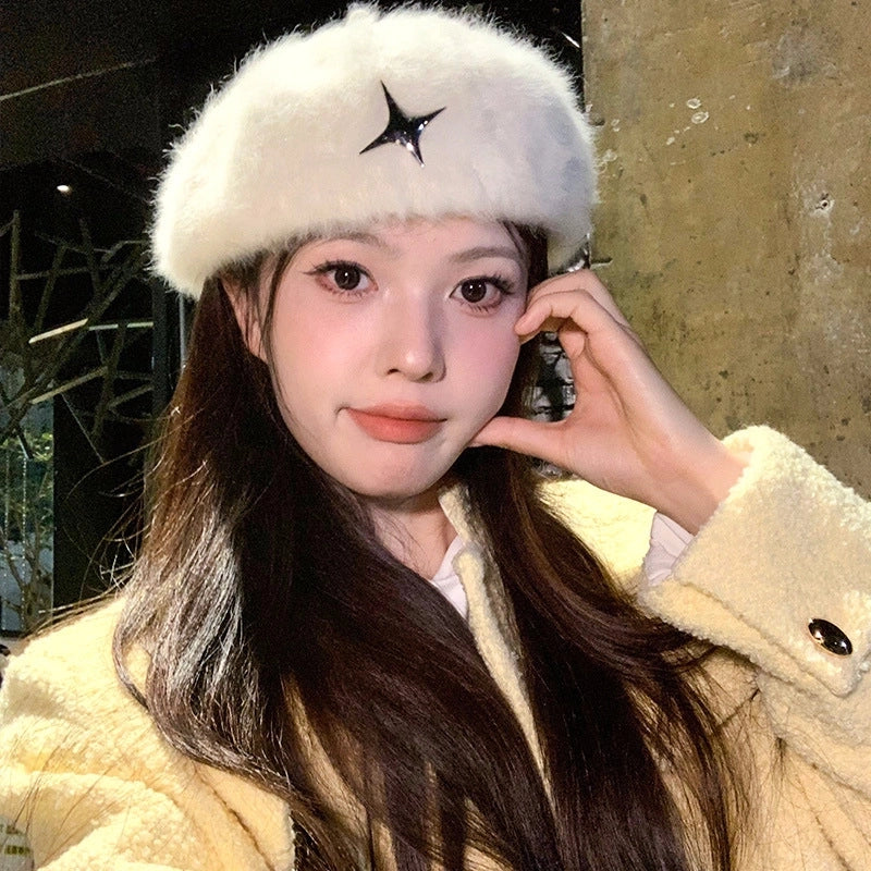 New White Plush Rabbit Fur Anti-wear Beret For Women New Autumn And Winter Face-looking Small Forward Hat Painter Hat