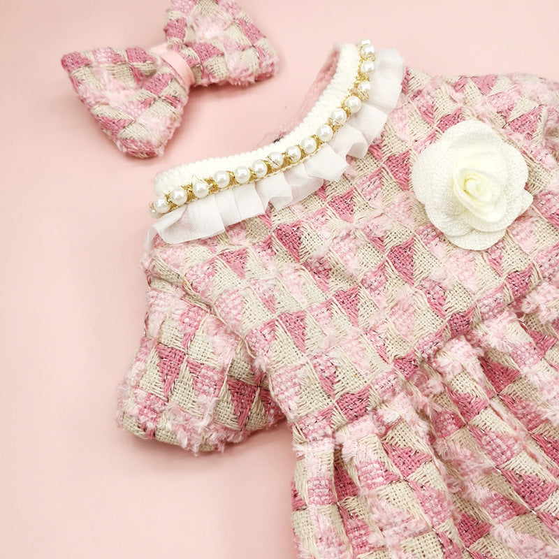 Plaid Pearl Bow Dog Cat Dress&Collar Set