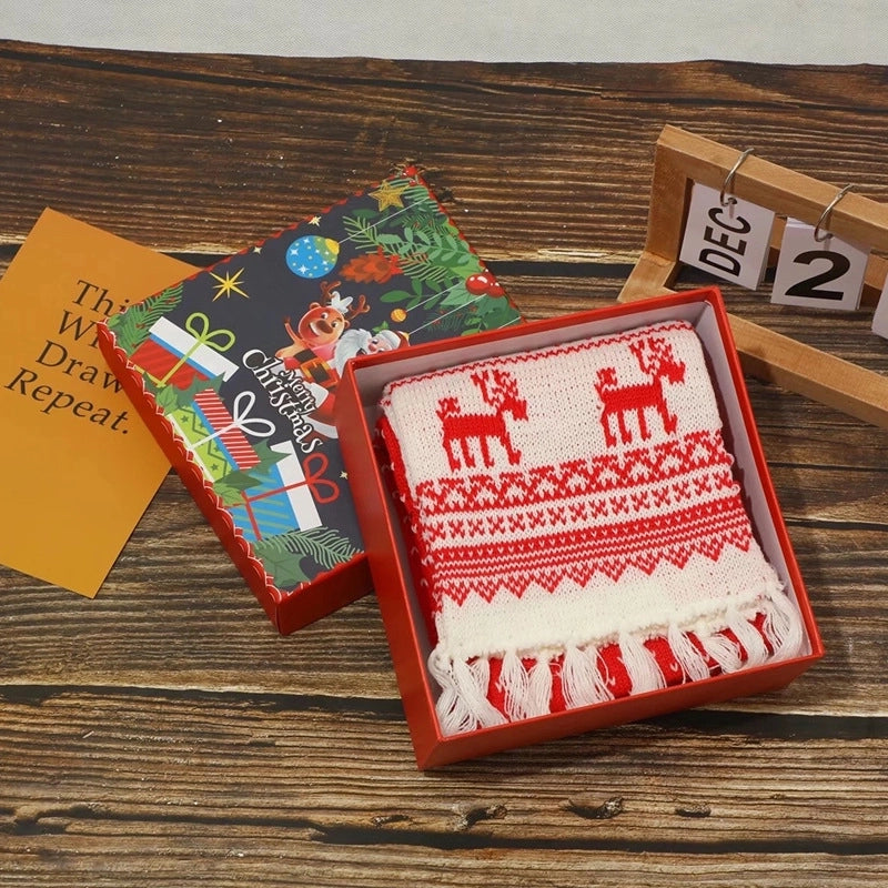 Gift Box Christmas Thickened Warm Festive Scarf New Year Red Men And Women Couple Scarf Wool Knitted Scarf
