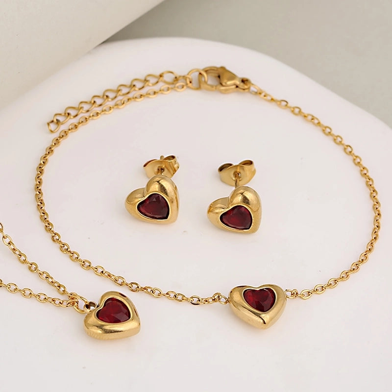 Classic Style Heart Shape 304 Stainless Steel Rhinestones Inlay Jewelry Set