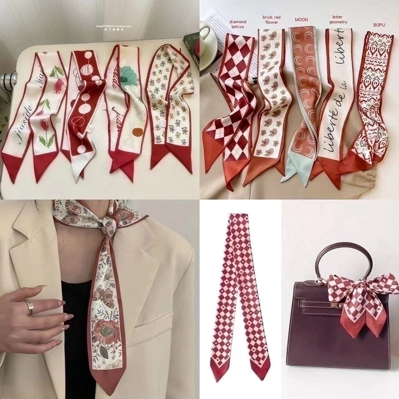 Women's Retro Plaid Flower Satin Silk Scarf
