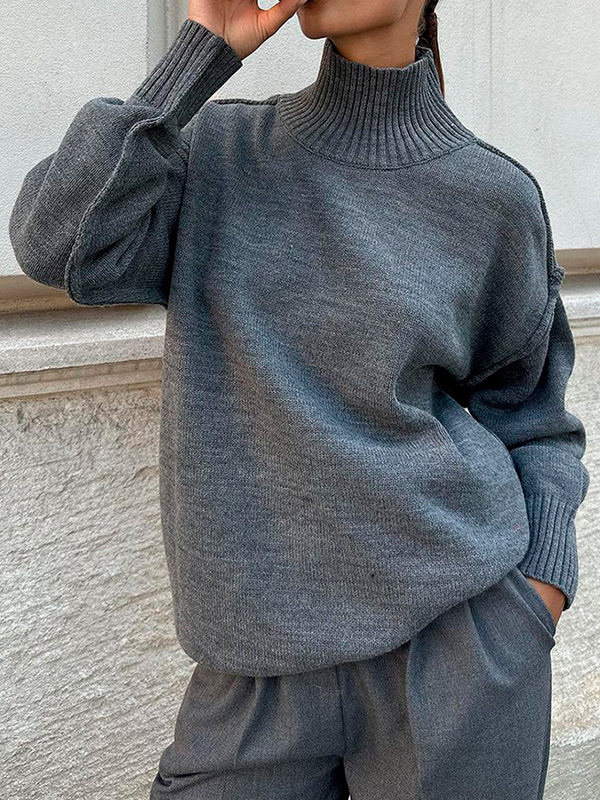 Long Sleeves Loose Solid Color Split-Joint High Neck Pullovers Sweater Tops