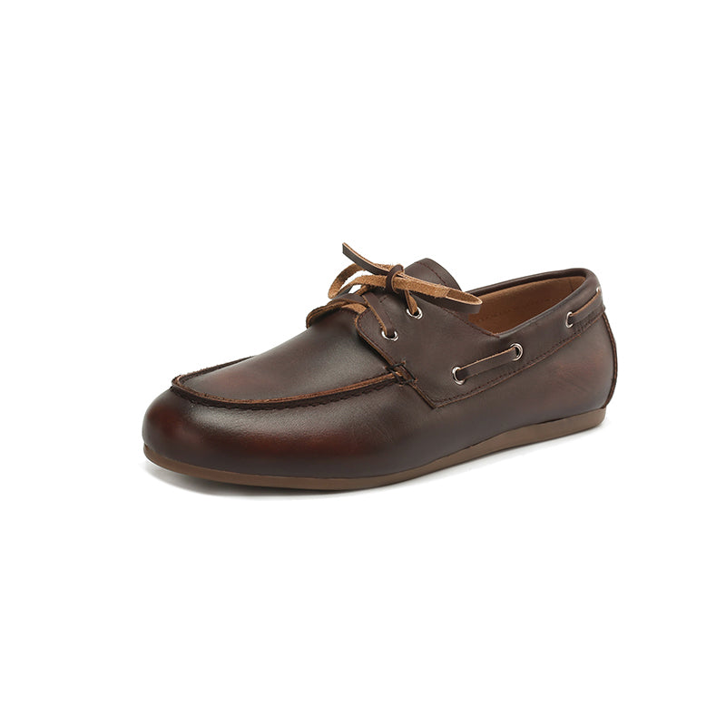 Vintage Leather Lace-Up Loafers Round Toe Flat Oxford Shoes in Light Brown/Deep Brown/Caramel/Apricot