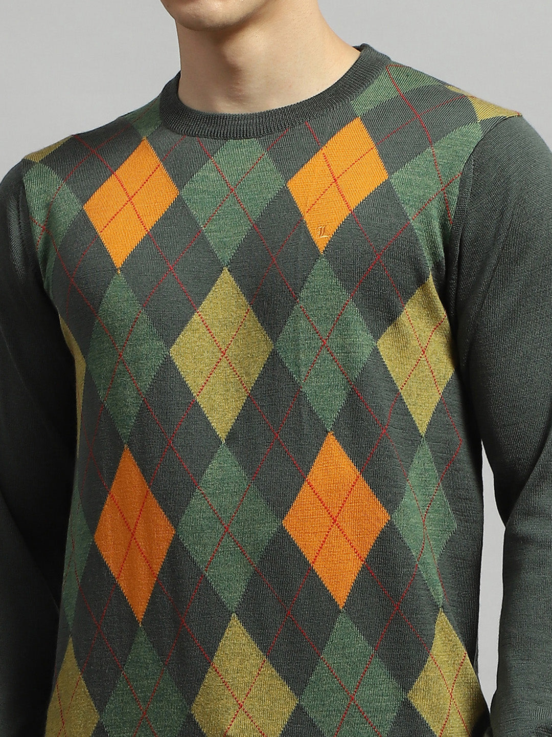 Men Green Geometric Round Neck Full Sleeve Pullover