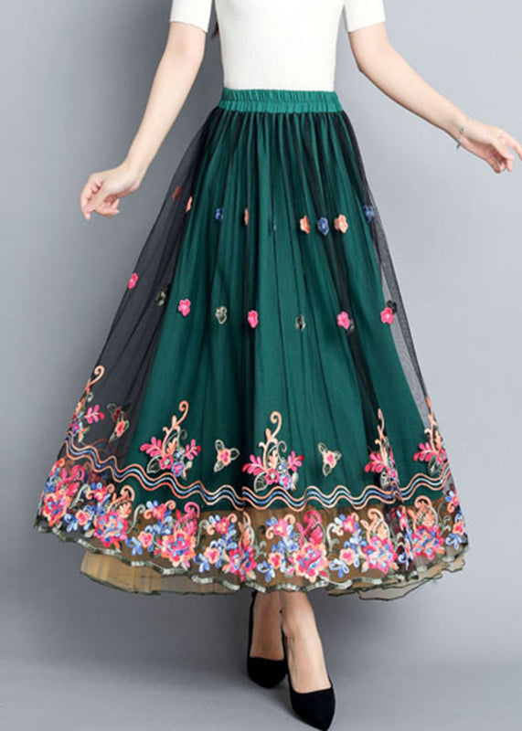 Green Embroidered Floral Elastic Waist Tulle Skirts Summer