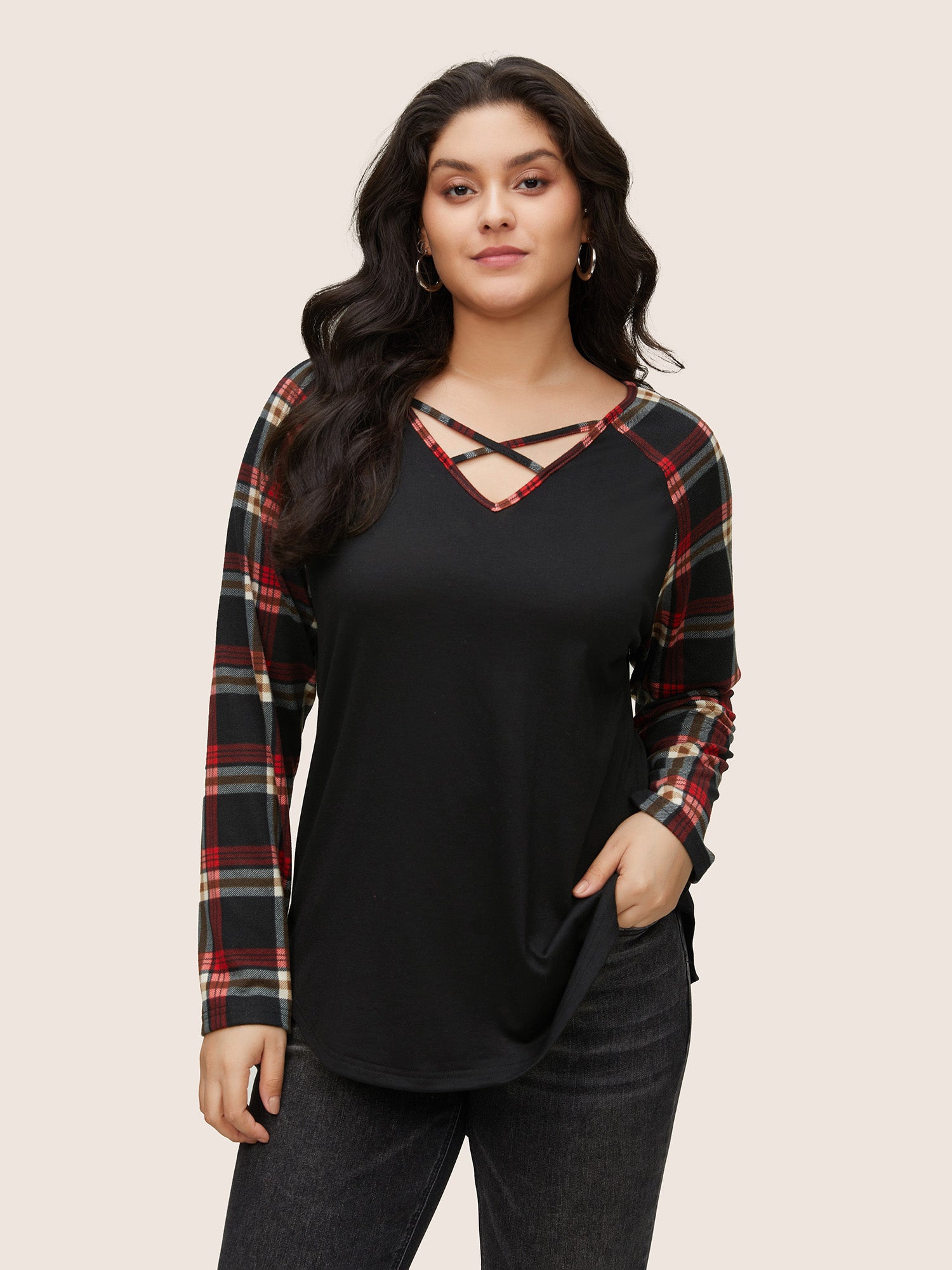 Plaid Patchwork Raglan Sleeve Crisscross T-shirt