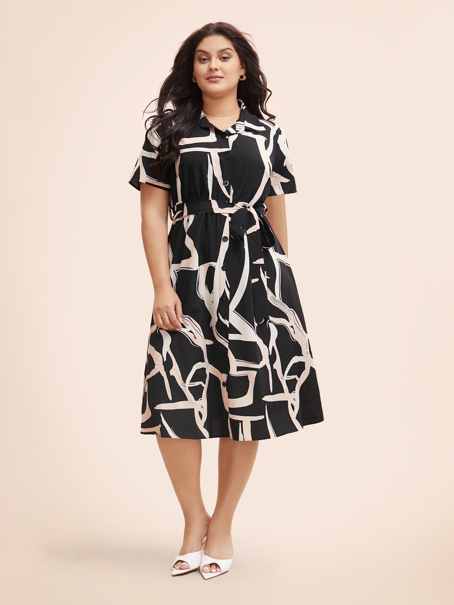 Geometric Shirt Collar Belted Midi Dress