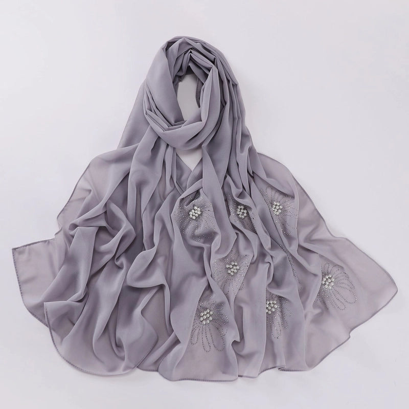 New Flower Hot Drilling Nail Bead Scarf Pearl Chiffon Muslim Scarf Middle East Hui Hijab Long Scarf