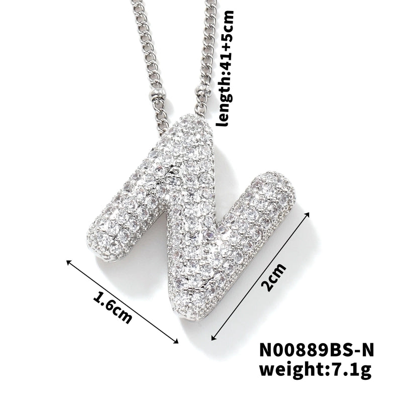 304 Stainless Steel Copper Rhodium Plated Three-dimensional Inlay Letter Zircon Pendant Necklace