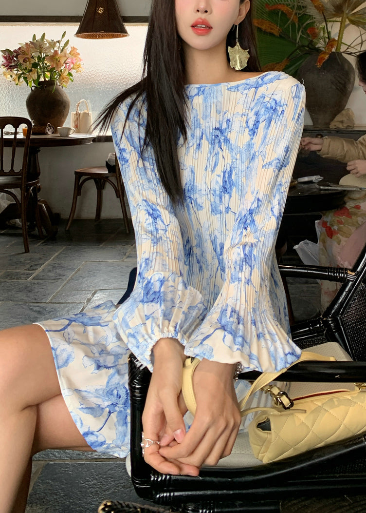 Elegant Blue Wrinkled Print Cotton Dress Flare Sleeve
