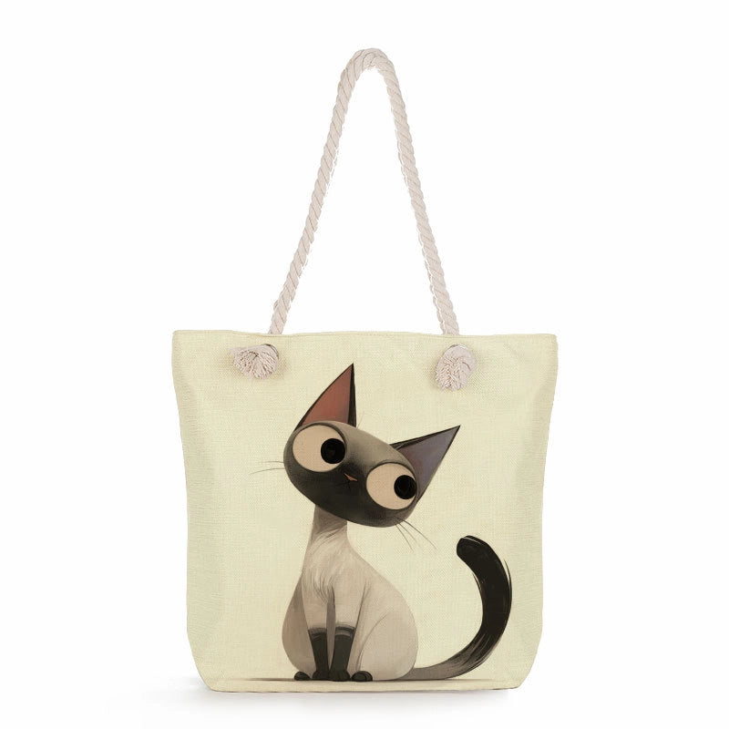 Women's Medium Linen Cat Cute Square Zipper Tote Bag Beach Bag