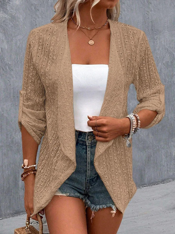 Long Sleeves Loose Buttoned Hollow Jacquard Solid Color Collarless Outerwear