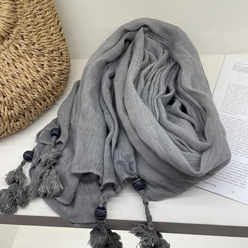 New High-end Ethnic Linen Wooden Beads Hanging Shawl Sunscreen Artistic Cotton And Linen Scarf Women