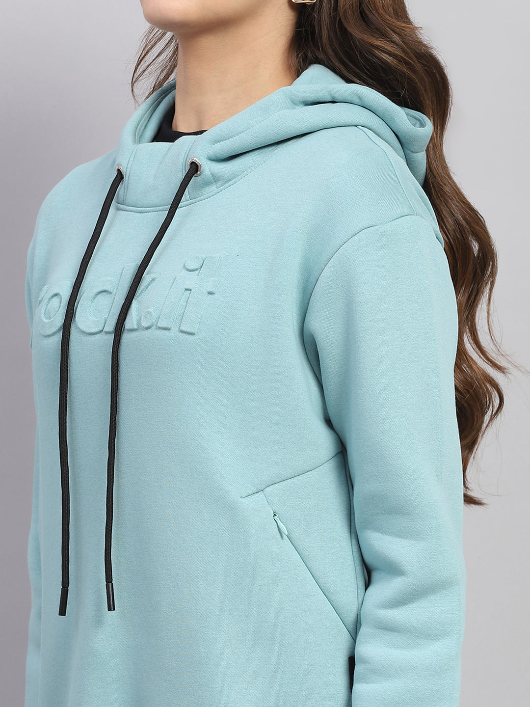 Women Blue Solid Hooded Full Sleeve Sweatshirt