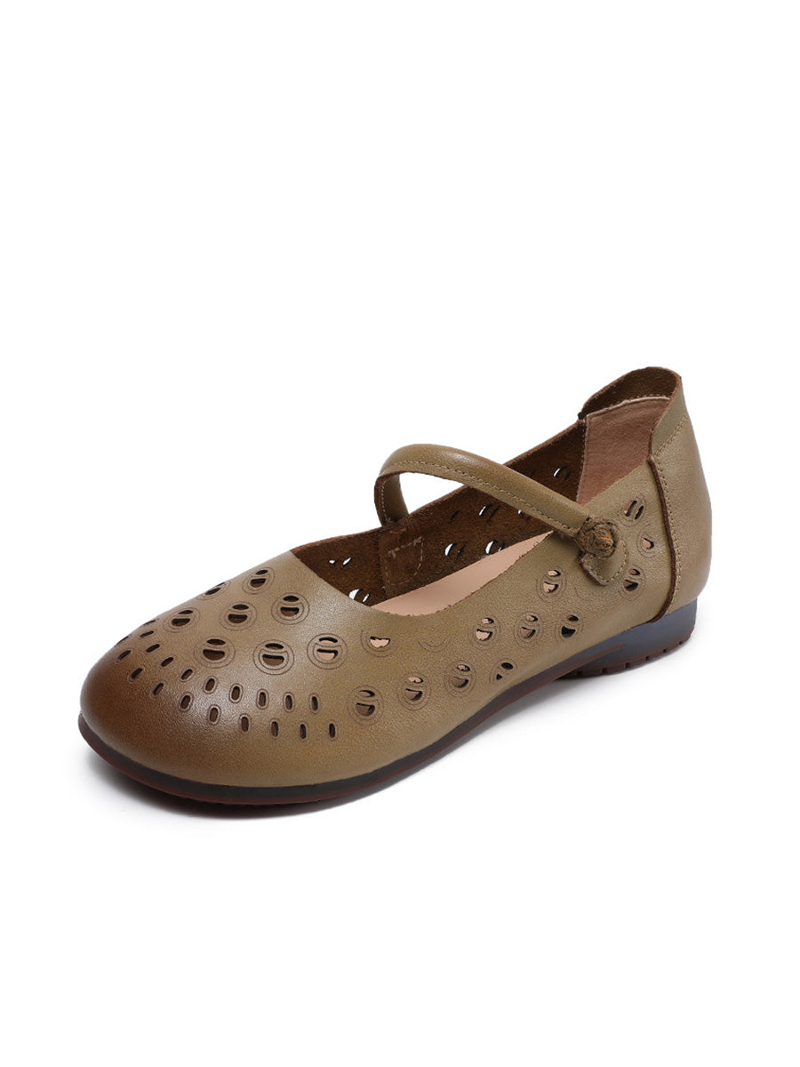 Women Summer Genuine Leather Hollow Out Low Heel Shoes