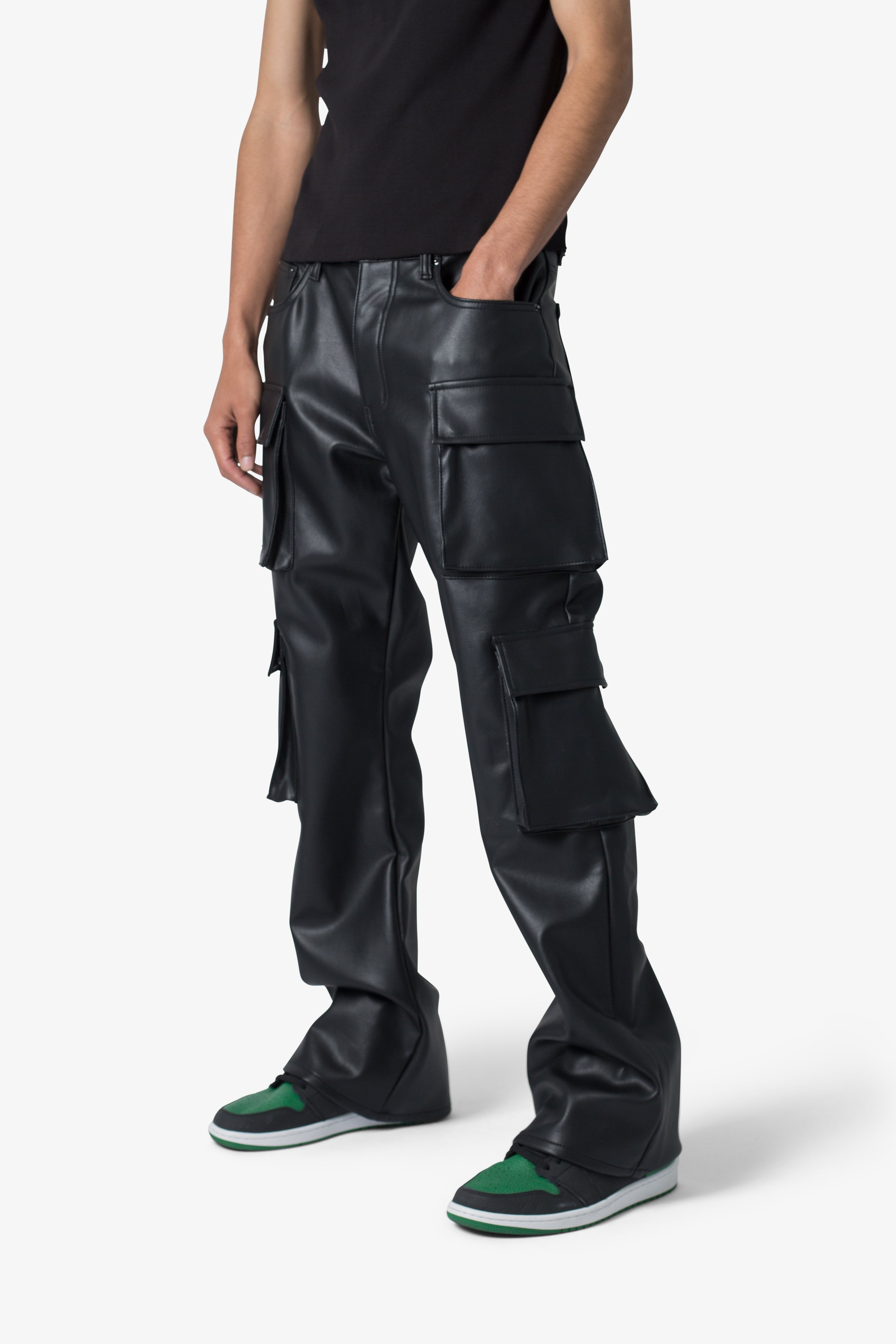 Leather Double Snap Cargo Pants - Black