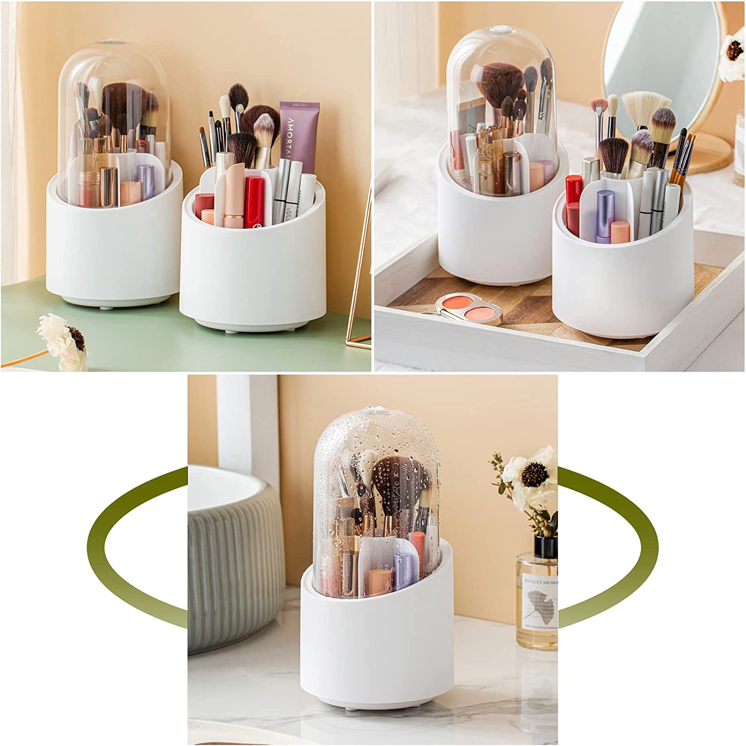 Makeup Brush Holder With Lid. Rotatable Clear Acrylic Makeup Brush Organizer Cup