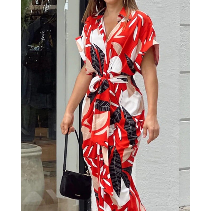 Casual Lapel Neck Waist Print Shirt Dress(Buy 2 Get Free Shipping)