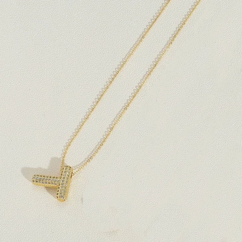 Copper 14K Gold Plated Minimalist Inlay Letter Zircon Pendant Necklace