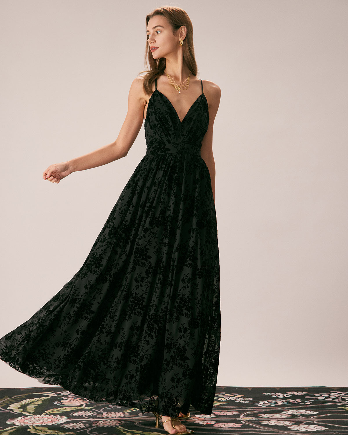 The Black Floral Flocked Mesh Slit Maxi Dress